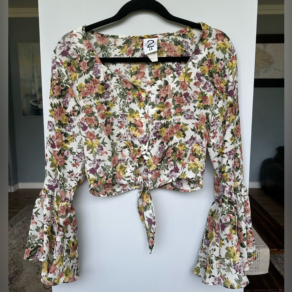 2 Much LA Floral Sheer Bell Sleeve Cropped Button Up Tie Detail Coquette Boho S